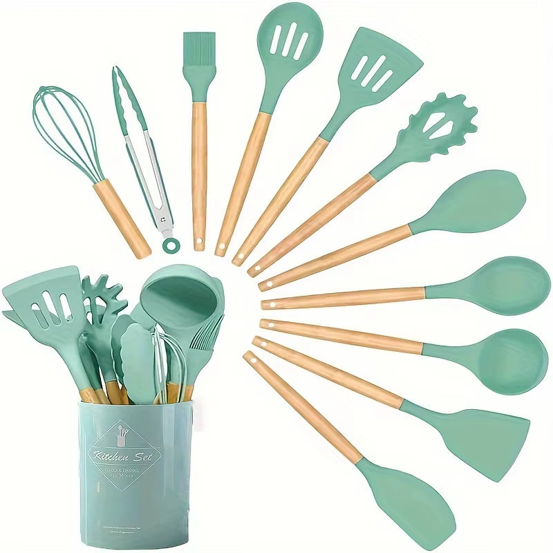 Elevate Your Cooking with Our 12-Piece Kitchen Silicone Utensil Set - Complete Set of Wooden Kitchen Gadgets and Spatulas