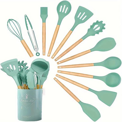 Elevate Your Cooking with Our 12-Piece Kitchen Silicone Utensil Set - Complete Set of Wooden Kitchen Gadgets and Spatulas