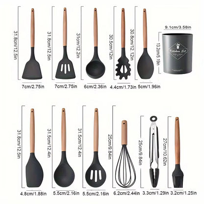 Elevate Your Cooking with Our 12-Piece Kitchen Silicone Utensil Set - Complete Set of Wooden Kitchen Gadgets and Spatulas