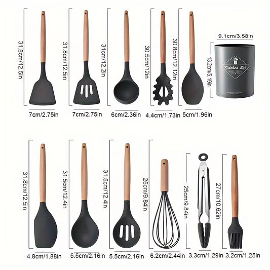 Elevate Your Cooking with Our 12-Piece Kitchen Silicone Utensil Set - Complete Set of Wooden Kitchen Gadgets and Spatulas