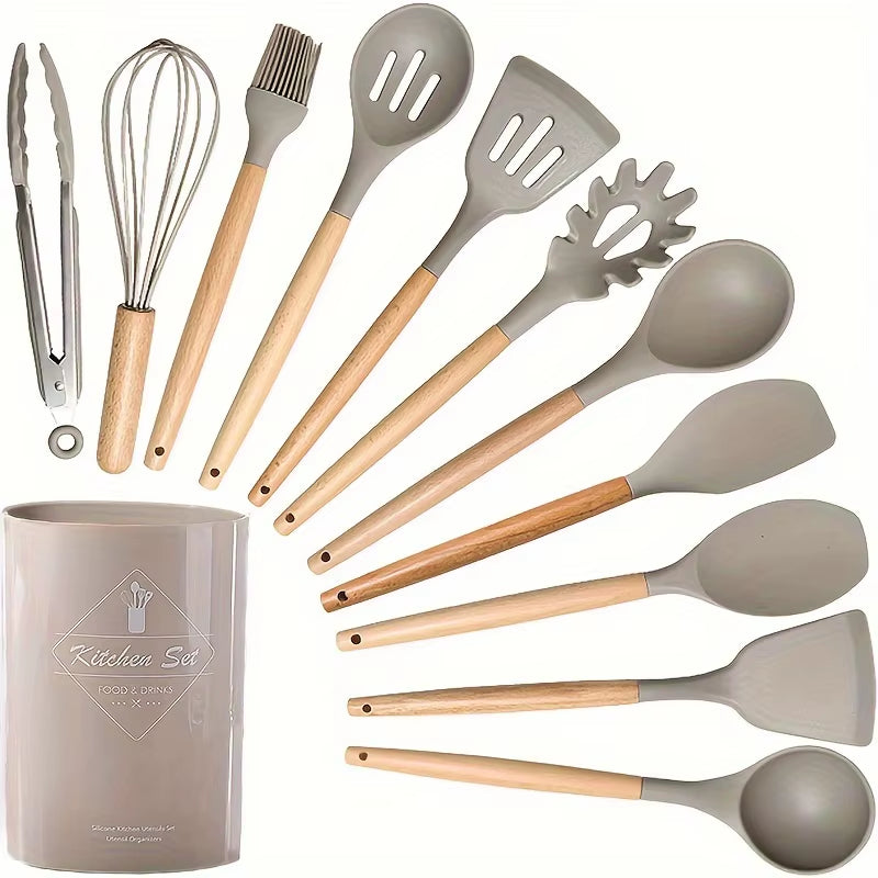 Elevate Your Cooking with Our 12-Piece Kitchen Silicone Utensil Set - Complete Set of Wooden Kitchen Gadgets and Spatulas