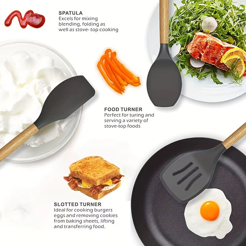 Elevate Your Cooking with Our 12-Piece Kitchen Silicone Utensil Set - Complete Set of Wooden Kitchen Gadgets and Spatulas