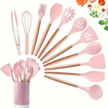 Elevate Your Cooking with Our 12-Piece Kitchen Silicone Utensil Set - Complete Set of Wooden Kitchen Gadgets and Spatulas