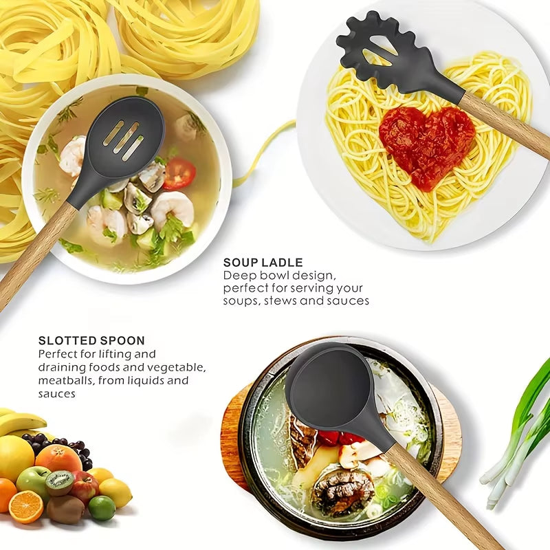 Elevate Your Cooking with Our 12-Piece Kitchen Silicone Utensil Set - Complete Set of Wooden Kitchen Gadgets and Spatulas