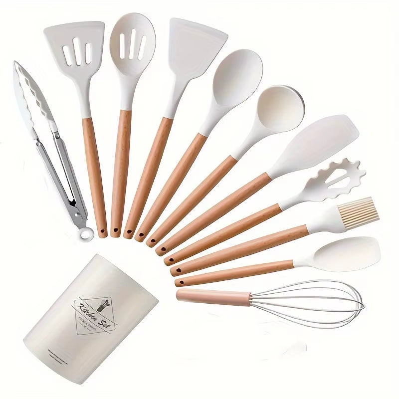 Elevate Your Cooking with Our 12-Piece Kitchen Silicone Utensil Set - Complete Set of Wooden Kitchen Gadgets and Spatulas