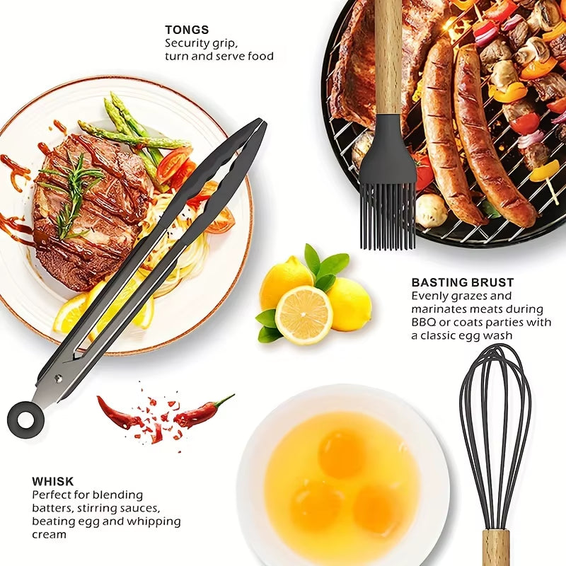 Elevate Your Cooking with Our 12-Piece Kitchen Silicone Utensil Set - Complete Set of Wooden Kitchen Gadgets and Spatulas