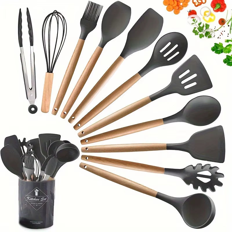 Elevate Your Cooking with Our 12-Piece Kitchen Silicone Utensil Set - Complete Set of Wooden Kitchen Gadgets and Spatulas