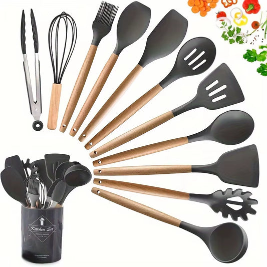 Elevate Your Cooking with Our 12-Piece Kitchen Silicone Utensil Set - Complete Set of Wooden Kitchen Gadgets and Spatulas